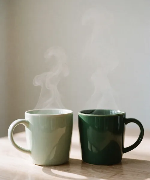 Two ceramic mugs on a wooden table with soft morning light, representing collaborative dialogue and shared treatment decisions
