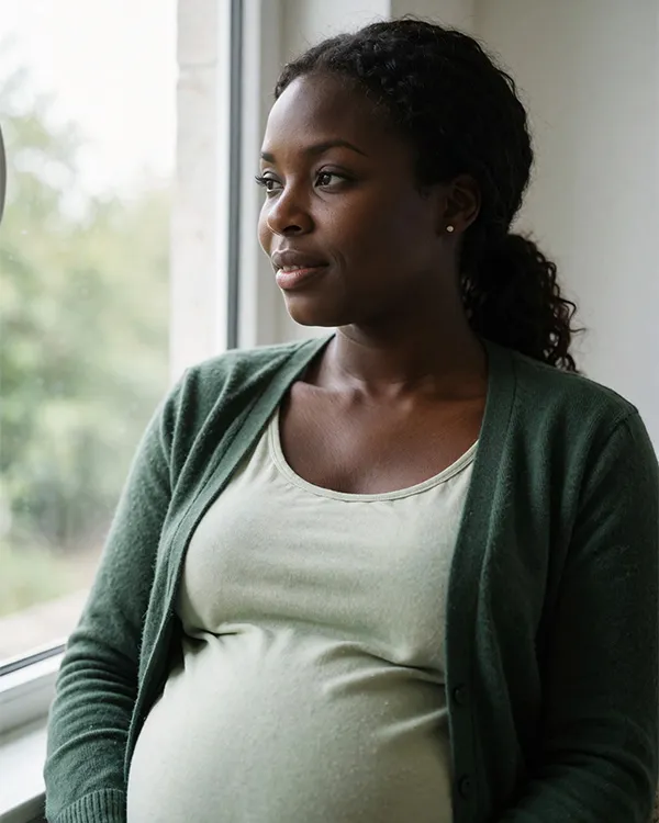 A woman in a calm therapeutic setting for prenatal anxiety treatment